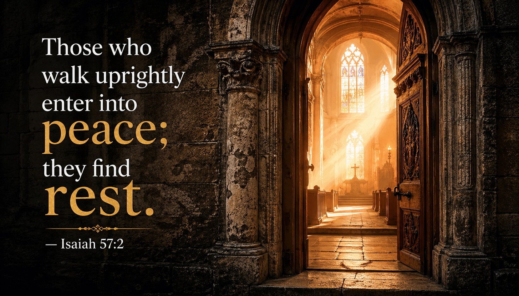 Bible verse wallpaper Isaiah 57:2 with worn stone doorway of ancient cathedral with golden light flooding peaceful sanctuary